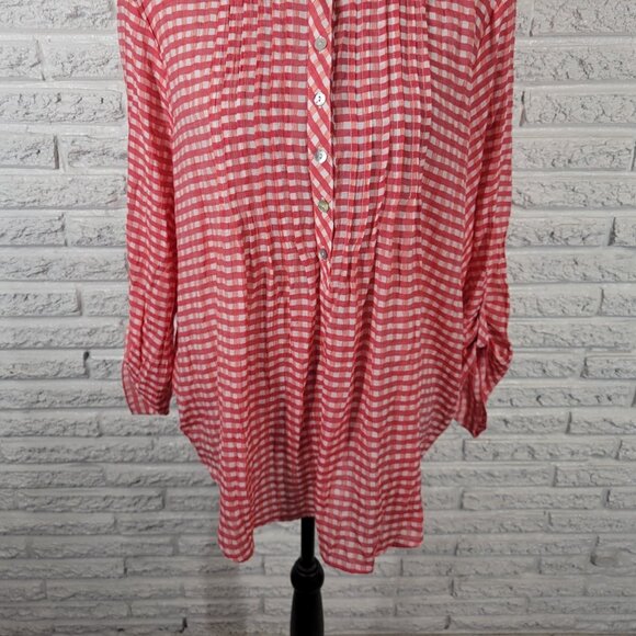 Ruby Rd Women Top 1X Plus Tunic Red Gingham Check Semi Sheer Pintuck PLA27E - Picture 4 of 9